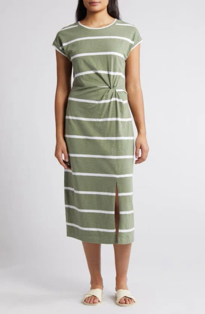 Caslon Twist Waist Organic Cotton Midi T-shirt Dress In Green Dune- White Jan Stripe