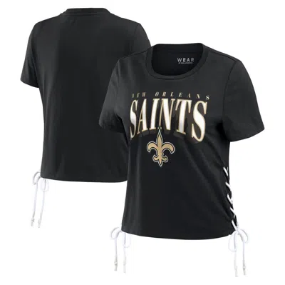 Wear By Erin Andrews Black New Orleans Saints Lace Up Side Modest Cropped T-shirt