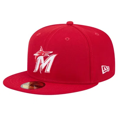 New Era Red Miami Marlins White Logo 59fifty Fitted Hat