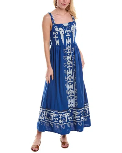 Farm Rio Embroidered Linen-blend Maxi Dress In Blue