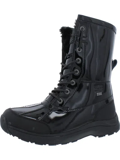 Ugg Womens Patent Leather Sheepskin Combat & Lace-up Boots In Black