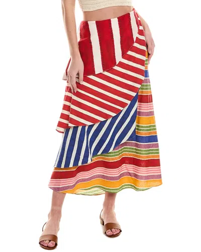 Farm Rio Amazing Stripes Frilled Linen-blend Midi Skirt In Multi