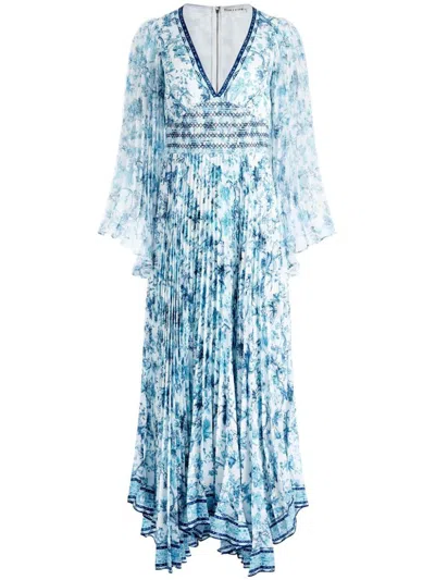 Alice And Olivia Sion Sunburst Pleated Maxi Dress In Blue