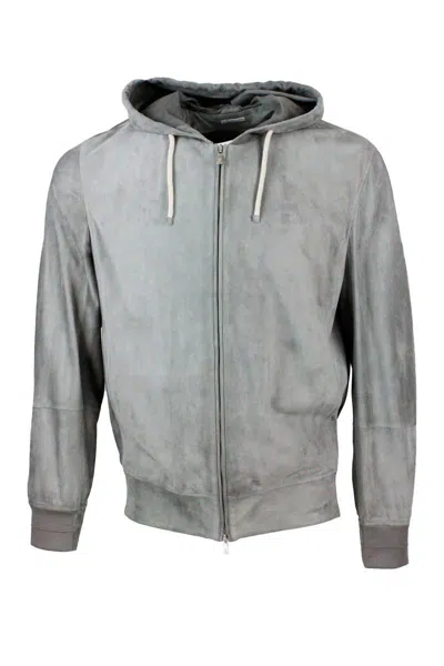 Brunello Cucinelli Sweatshirt-style Jacket In Very Soft Suede Leather With Hood And Zip Closure In Grey