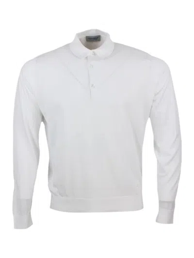 John Smedley Long-sleeved Polo Shirt In Extrafine Cotton Thread With Three Buttons In White