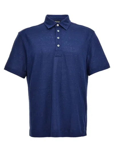 Zegna Linen Polo Shirt In Blue