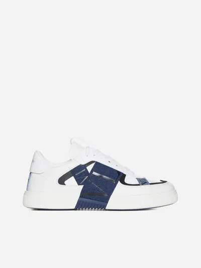 Valentino Garavani Low-top Vl7n Sneakers In Calfskin And Denim In White,blue