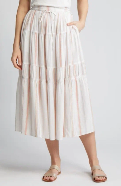 Caslon Stripe Tiered Linen Blend Midi Skirt In White- Tan Taylor Stripe