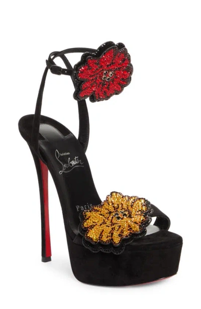 Christian Louboutin X Shun Sudo Button Flower Strass Loubi Queen Alta Platform Sandal In Black/multi