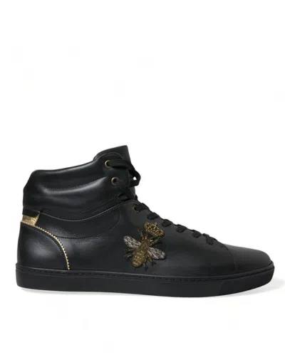 Dolce & Gabbana Black Crown Bee Logo Mid Top Portofino Trainers Shoes