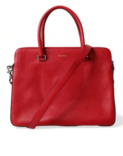Dolce & Gabbana Red Calfskin Leather Logo Men Messenger Laptop Bag