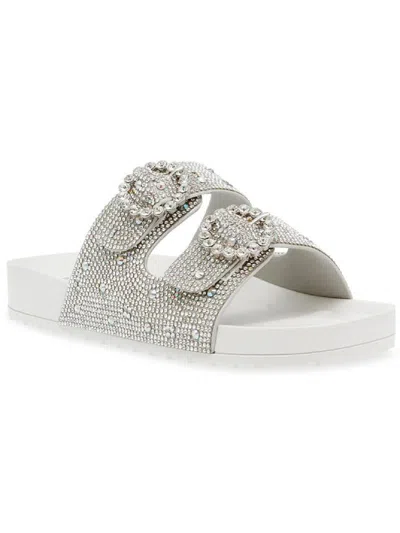 Betsey Johnson Trudy Womens Rhinestone Slip On Slide Sandals In Silver