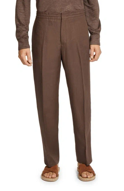 Zegna Oasi Linen Drawstring Trousers In 褐色
