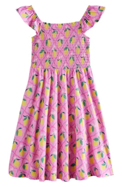 Mini Boden Kids' Lemon Print Smocked Cotton Sundress In Pink Lemon Grove