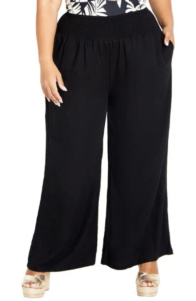 City Chic Gia Smocked Waist Wide Leg Trousers In Black
