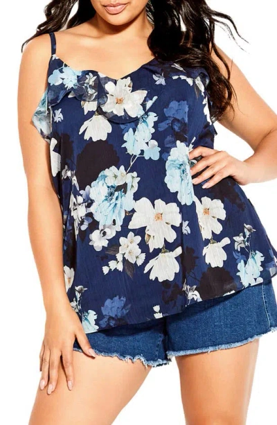 City Chic Shy Orchid Floral Ruffle Camisole In Navy Shy Orchid