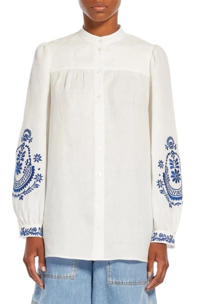 Max Mara Carnia Embroidered Linen Blouse In White And Blue