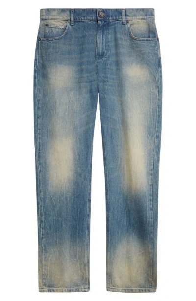 Balmain Regular Fit Sanded & Whiskered Jeans In 6ff Blue Jeans
