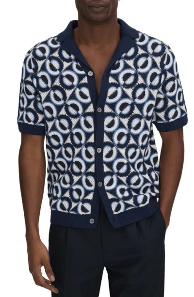 Reiss Frenchie - Navy Crochet Cuban Collar Shirt, M