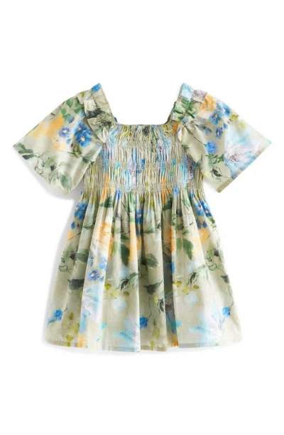 Next Kids' Floral Angel Sleeve Cotton Dress In Green