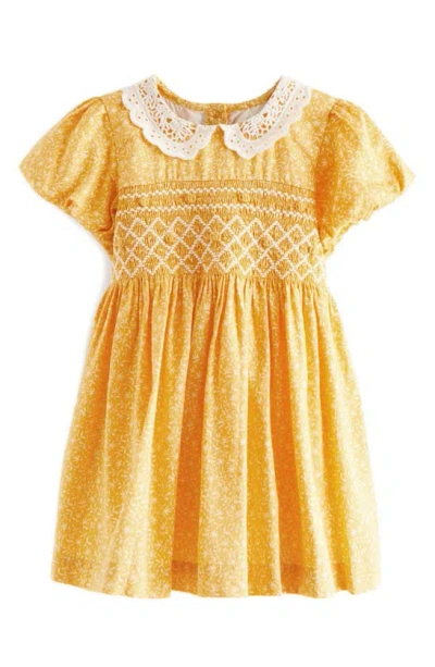 Next Kids' Ditsy Embroidery Detail Cotton Dress In Lemon Yellow