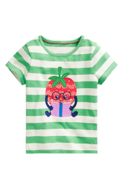 Mini Boden Kids' Reading Strawberry Appliqué Cotton Graphic T-shirt In Spruce Green/ Ivory Strawberry