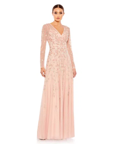 Mac Duggal Embellished Wrap Over Illusion Long Sleeve A Line In Peach