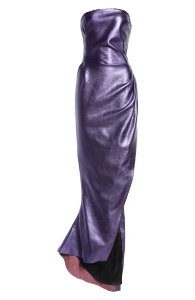 Laquan Smith Strapless Metallic Leather Gown In Grape