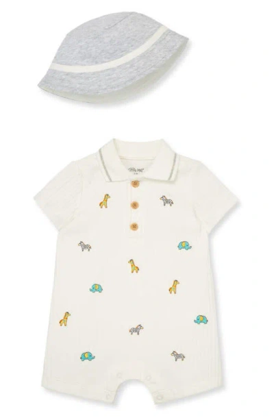 Little Me Babies' Safari Cotton Blend Romper & Hat Set In Ivory