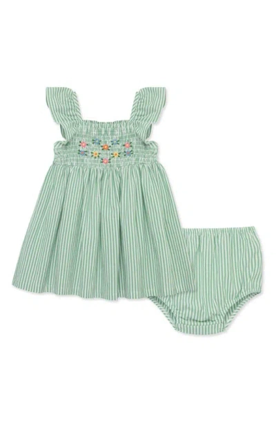 Little Me Babies' Stripe Embroidered Flutter Sleeve Sundress & Bloomers In Green