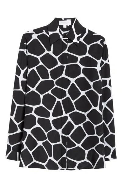 Michael Kors Long Sleeve Silk Button-up Shirt In Optic White/ Black