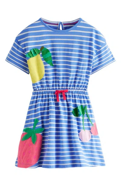 Mini Boden Kids' Stripe Appliqué Drawstring Waist Cotton Dress In Surf Blue/ Ivory Fruit