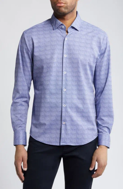 Stone Rose Petal Print Techno Stretch Performance Button-up Shirt In Navy