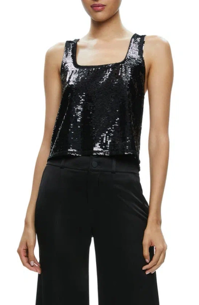 Alice And Olivia Avril Sequined Boxy Tank Top In Black