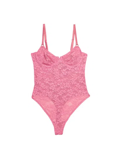 Fleur Du Mal Le Stretch Lace Bodysuit In Pink Cadillac