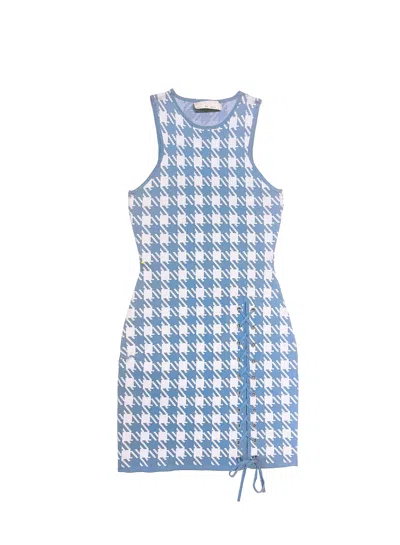 Fleur Du Mal Houndstooth Knit Mini Dress In Baby Blue And Ivory