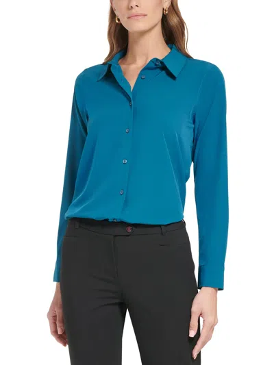 Calvin Klein Petites Womens Collared Work Wear Button-down Top In Blue