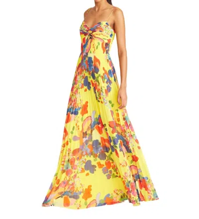 Amur Dawson Pleated Gown In Yellow Brushstroke Floral