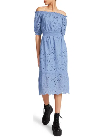 Betsey Johnson Womens Cotton Off The Shoulder Midi Dress In Blue