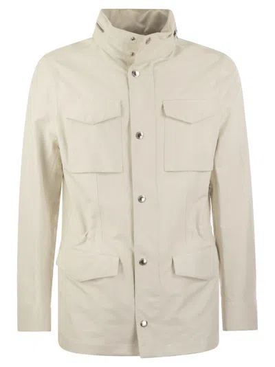 Brunello Cucinelli Field Jacket In Linen And Silk Membrane Panama With Heat Tapes In Ecru