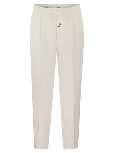 Brunello Cucinelli Leisure Fit Cotton Gabardine Trousers With Drawstring And Double Darts In White