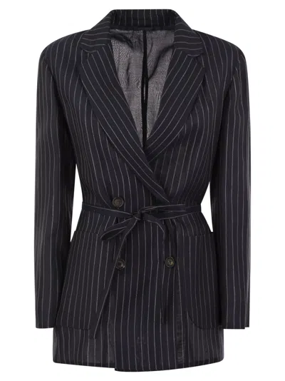 Brunello Cucinelli Sparkling Stripe Cotton Gauze Jacket With Belt And Necklace In Night Blue