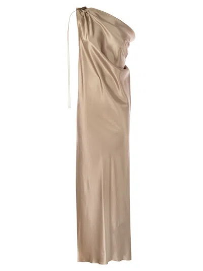 Max Mara Opera Asymmetric Silk Maxi Dress In Bronze