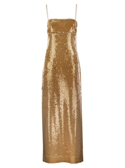 Max Mara Studio Orange Sequined Sheath Dress In Gold