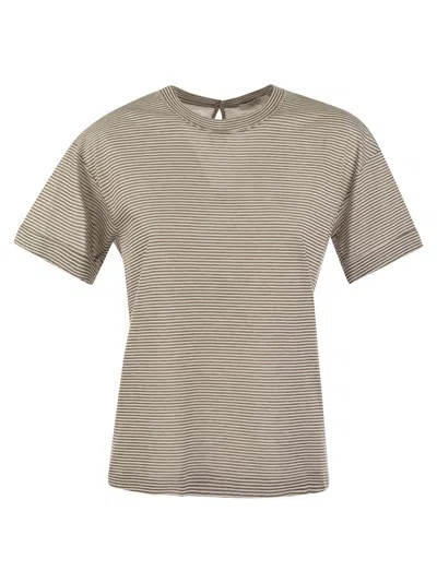 Peserico Lightweight Striped Jersey T-shirt And Punto Luce In White/brown