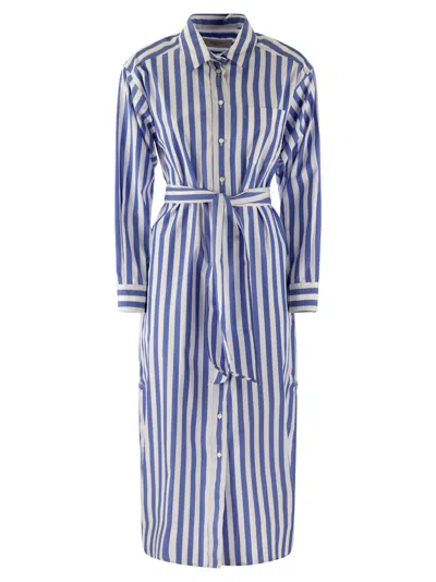 Weekend Max Mara Striped Belted Poplin Dress In Blue