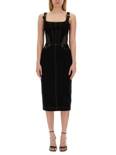 Versace Jeans Couture Denim Buckle-strap Midi Bodycon Dress In Black
