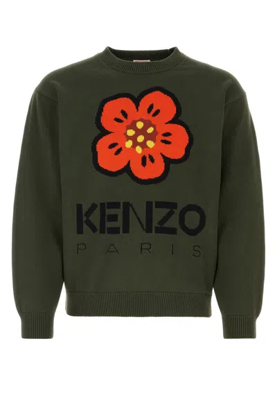 Kenzo Boke Flower Floral Embroidered Cotton Crew-neck Jumper In Kaki Fonce