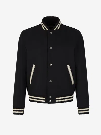 Saint Laurent Black Wool Bomber Jacket In Contrast Baseball Collar