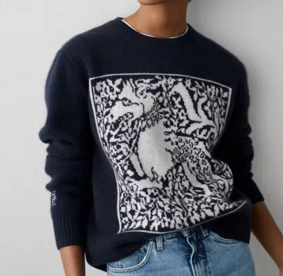 White + Warren Cashmere Dragon Tapestry Crewneck Top In Navy Blue Combo In Multi